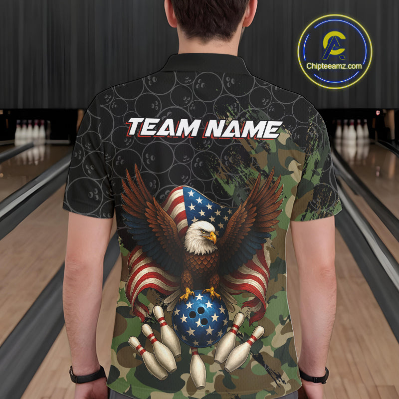 Black and Green Camo American Flag Eagle Bowling Shirts For Men Custom Patriotic Team Bowling Jersey NQS10573