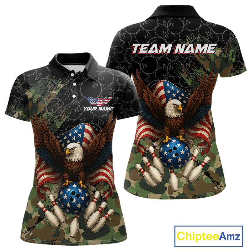 Black and Green Camo American Flag Eagle Bowling Shirt For Women Custom Patriotic Team Bowling Jersey NQS10573