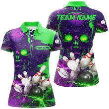 Load image into Gallery viewer, Purple and Green Lightning Thunder Storm Skull Bowling Shirts For Women Custom Bowling Team Jerseys NQS8598