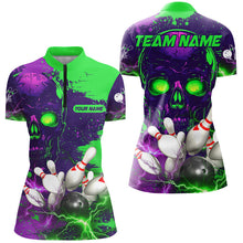 Load image into Gallery viewer, Purple and Green Lightning Thunder Storm Skull Bowling Shirts For Women Custom Bowling Team Jerseys NQS8598