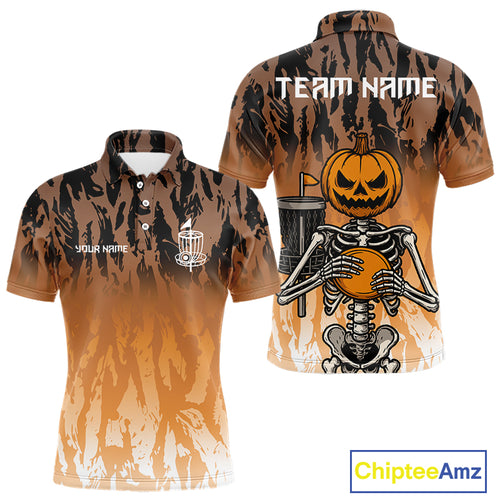 Funny Disc golf pumpkin skull orange camo Men disc golf polo shirts custom Halloween disc golf shirts NQS10790