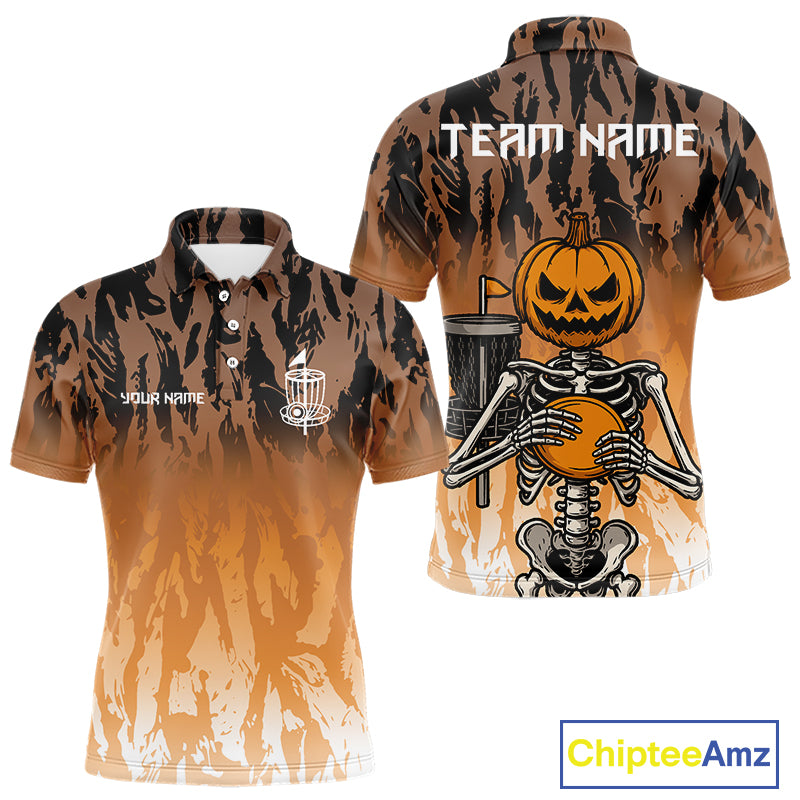 Funny Disc golf pumpkin skull orange camo Men disc golf polo shirts custom Halloween disc golf shirts NQS10790