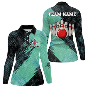 Black and Mint Color Womens bowling Polo, Quarter Zip shirt Custom Bowling Team Jerseys, Bowler Outfit NQS9087