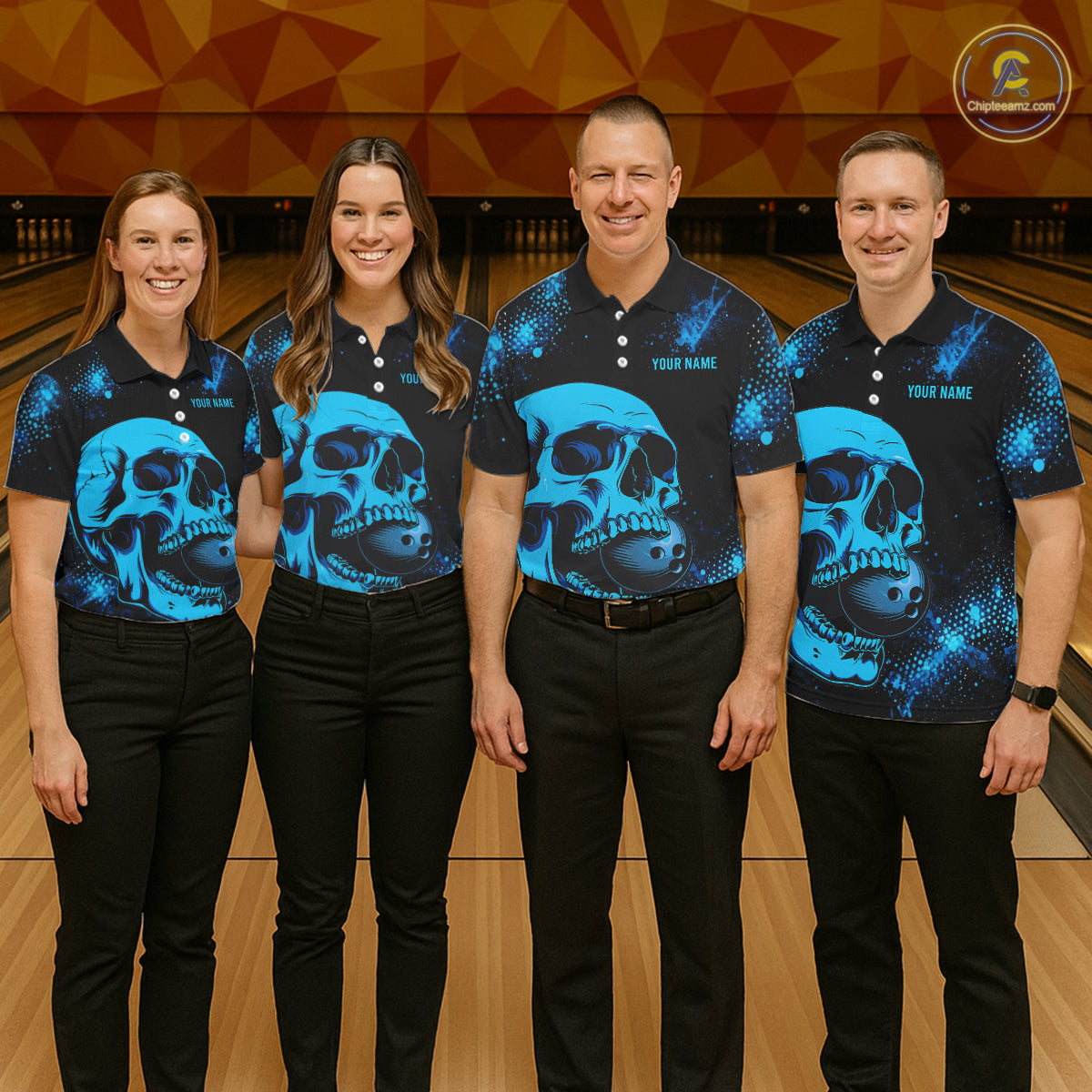 Black and Blue Skull bowling shirts for Women Custom Skull team bowling uniforms, bowling outfit NQS11573