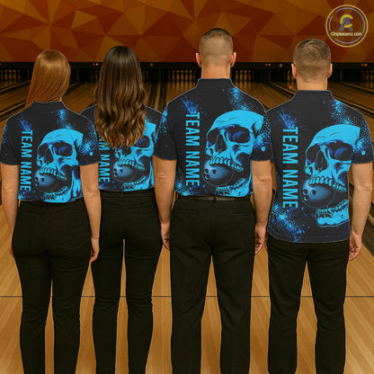 Black and Blue Skull bowling shirts for Women Custom Skull team bowling uniforms, bowling outfit NQS11573