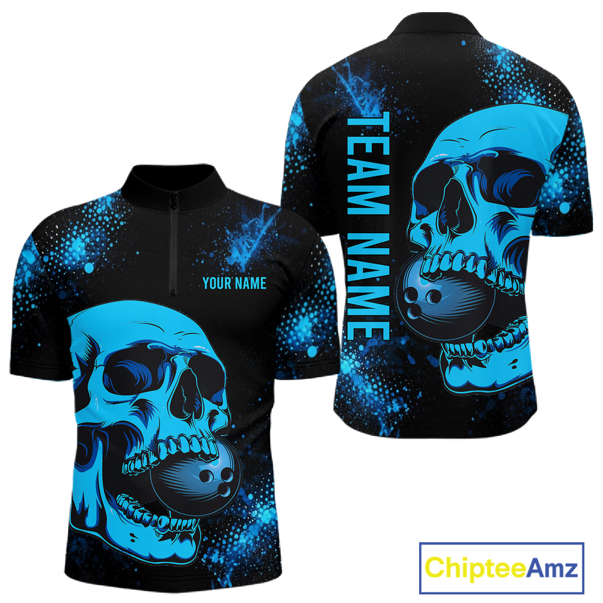 Black and Blue Skull bowling shirts for men Custom Skull team bowling shirts uniforms, bowling outfit NQS11573