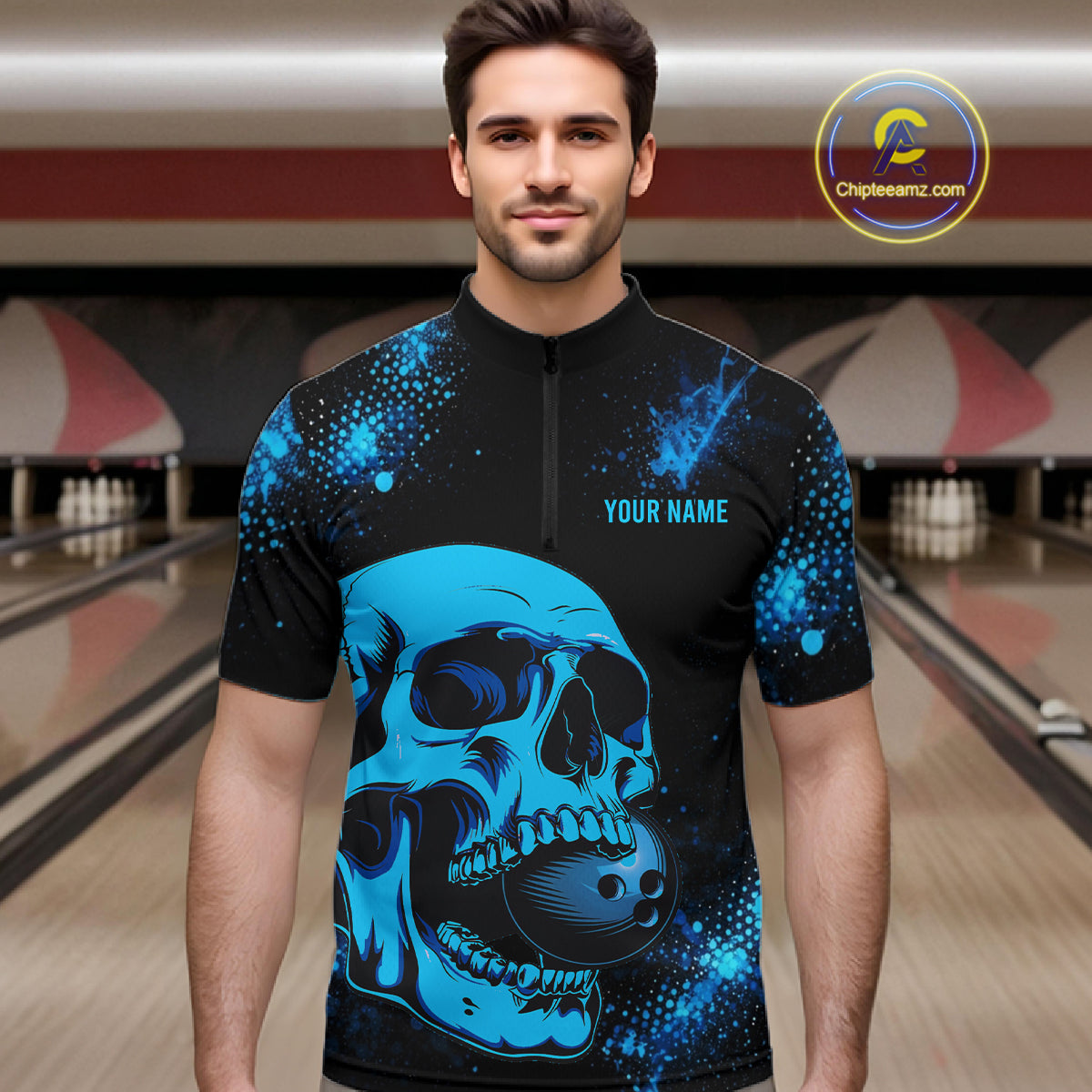 Black and Blue Skull bowling shirts for men Custom Skull team bowling shirts uniforms, bowling outfit NQS11573