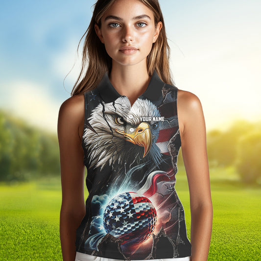 Personalized Eagle American flag Golf Sleeveless Polo Shirts For Women Custom Patriotic Golf attire NQS9620