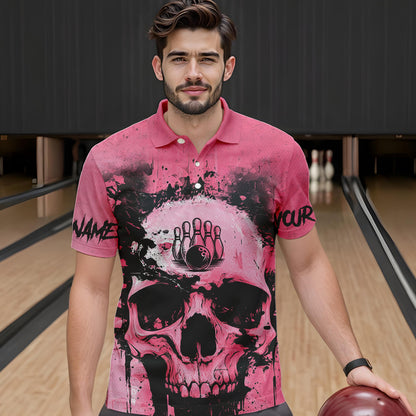 Pink Skull Bowling Polo, Quarter Zip Shirts for Men Custom Skull Bowling Team Shirts Uniform NQS9623