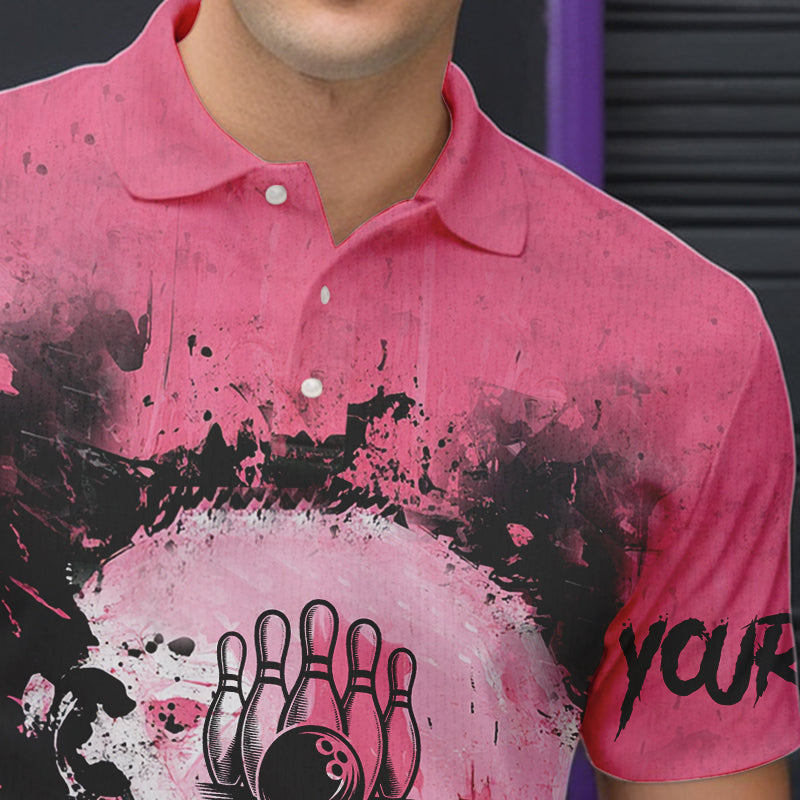 Pink Skull Bowling Polo, Quarter Zip Shirts for Men Custom Skull Bowling Team Shirts Uniform NQS9623