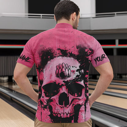 Pink Skull Bowling Polo, Quarter Zip Shirts for Men Custom Skull Bowling Team Shirts Uniform NQS9623