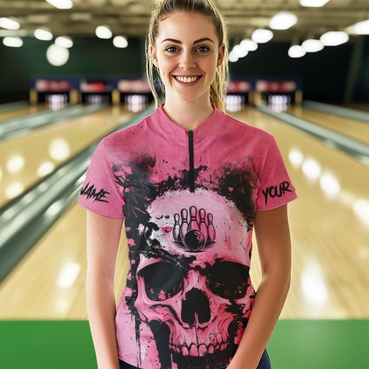 Pink Skull Bowling Polo, Quarter Zip Shirts for Women Custom Skull Bowling Team Shirts Uniform NQS9623