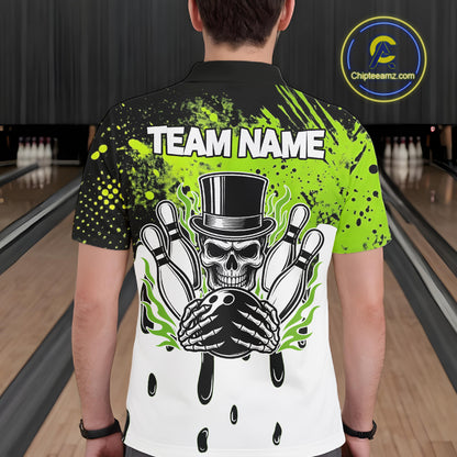Black and Green Flame Skull Bowling Polo, 1/4 Zip Shirts for Men Custom Bowling Team League Jersey NQS11703