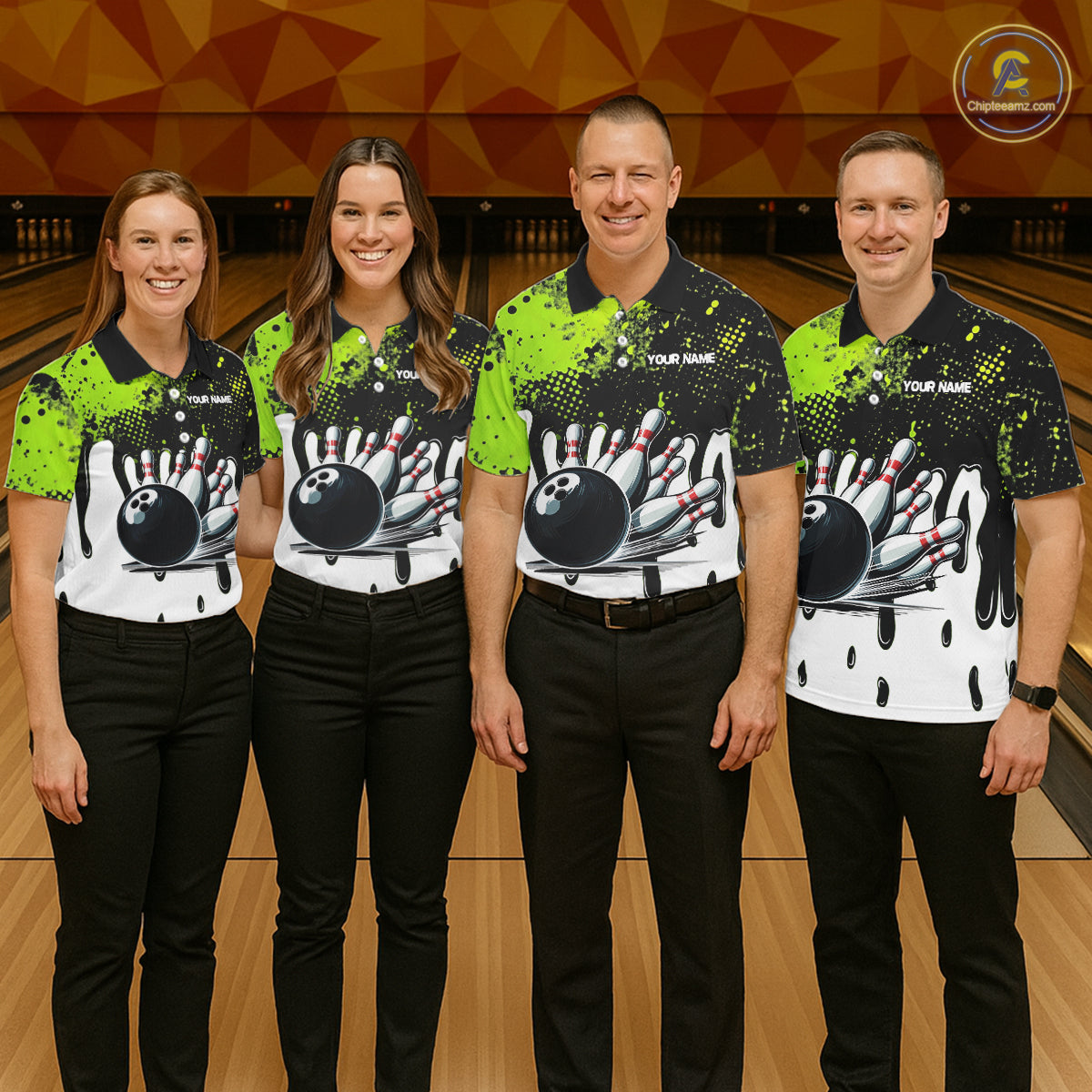 Black and Green Flame Skull Bowling Polo, 1/4 Zip Shirts for Women Custom Bowling Team League Jersey NQS11703