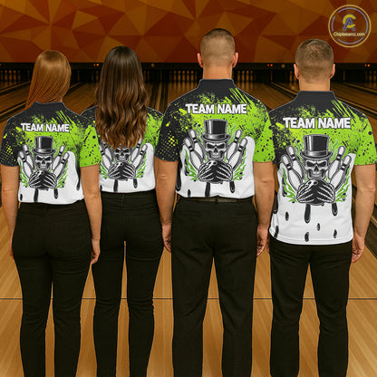 Black and Green Flame Skull Bowling Polo, 1/4 Zip Shirts for Women Custom Bowling Team League Jersey NQS11703