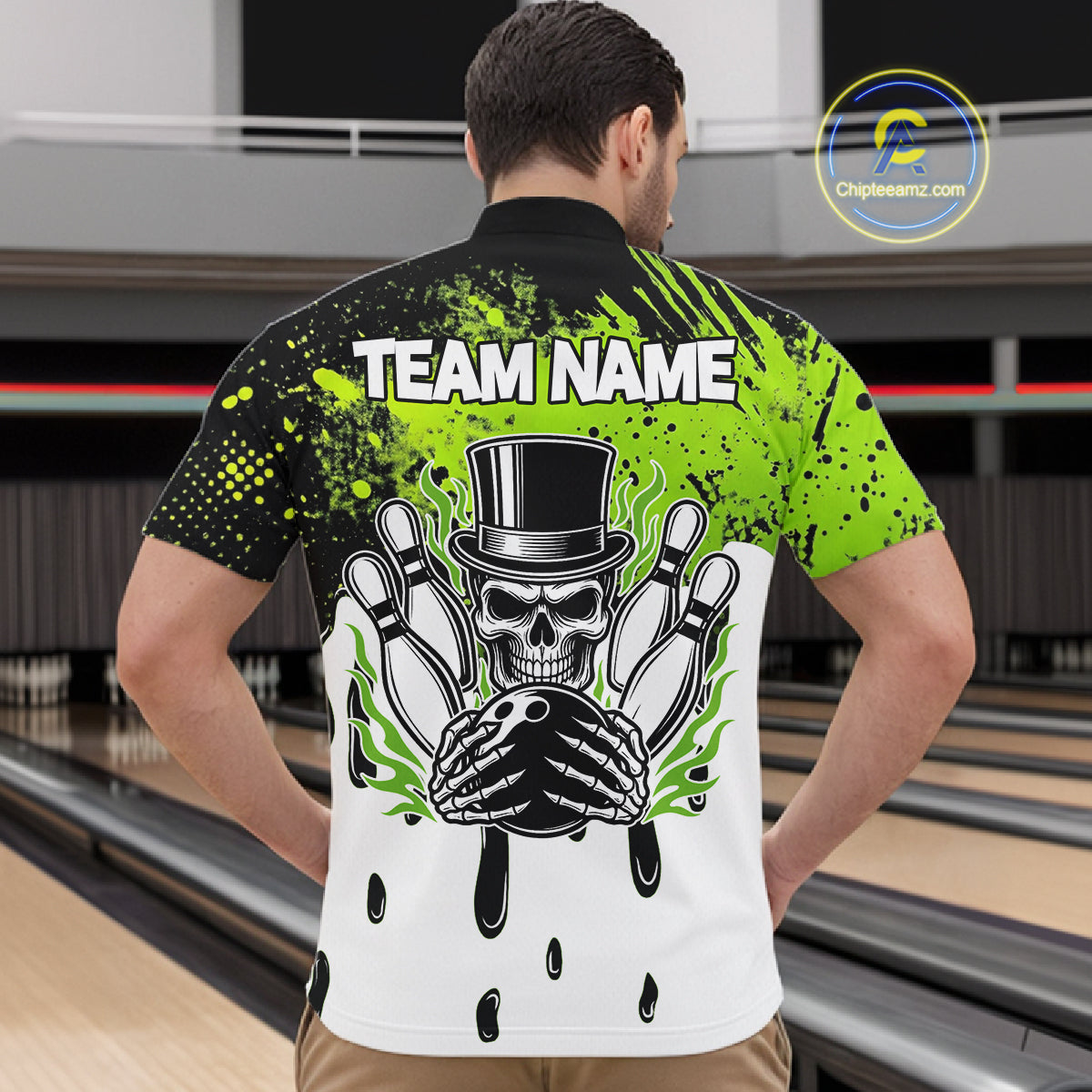 Black and Green Flame Skull Bowling Polo, 1/4 Zip Shirts for Men Custom Bowling Team League Jersey NQS11703