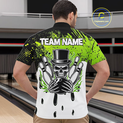 Black and Green Flame Skull Bowling Polo, 1/4 Zip Shirts for Men Custom Bowling Team League Jersey NQS11703