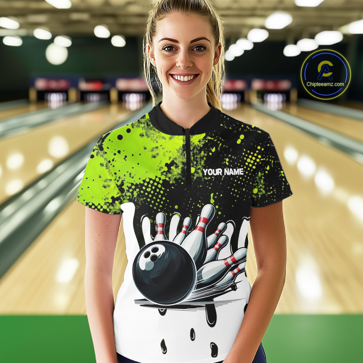 Black and Green Flame Skull Bowling Polo, 1/4 Zip Shirts for Women Custom Bowling Team League Jersey NQS11703