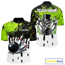Load image into Gallery viewer, Black and Green Flame Skull Bowling Polo, 1/4 Zip Shirts for Men Custom Bowling Team League Jersey NQS11703