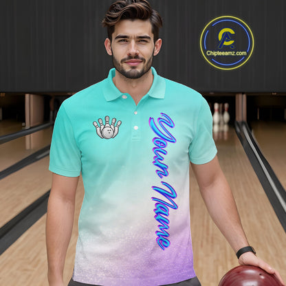 Custom Cyan Blue And Purple Glitter Butterfly Mens Bowling Team Shirts, Bowling League Shirt For Men NQS11704