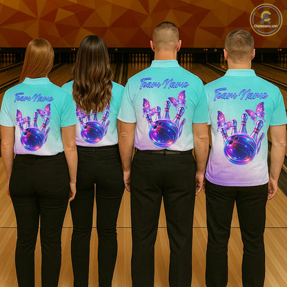 Custom Cyan Blue And Purple Glitter Butterfly Mens Bowling Team Shirts, Bowling League Shirt For Men NQS11704