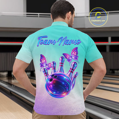 Custom Cyan Blue And Purple Glitter Butterfly Mens Bowling Team Shirts, Bowling League Shirt For Men NQS11704
