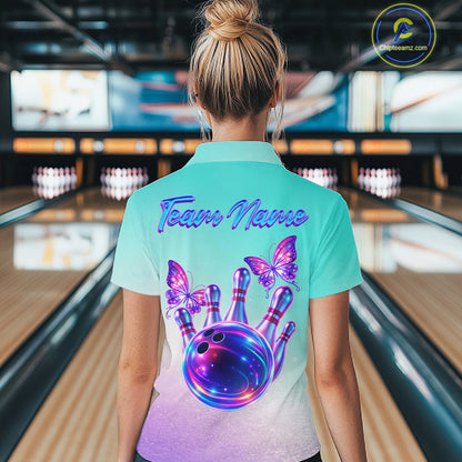 Custom Cyan Blue And Purple Glitter Butterfly Women Bowling Team Shirts, Ladies Bowling League Shirt NQS11704