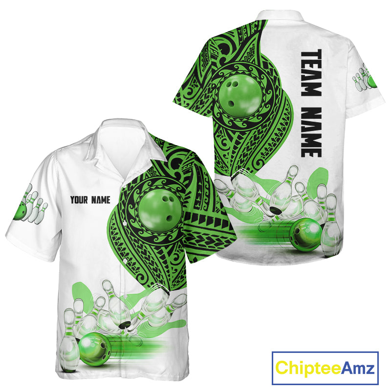 Green and White Tribal pattern Hawaiian bowling shirt Custom Bowling outfit Team button up shirt NQS9812