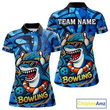 Load image into Gallery viewer, Funny Blue Camo Shark Women Bowling Polo, Quarter Zip Shirts Custom Team Shark Bowling Outfit Jersey NQS9816