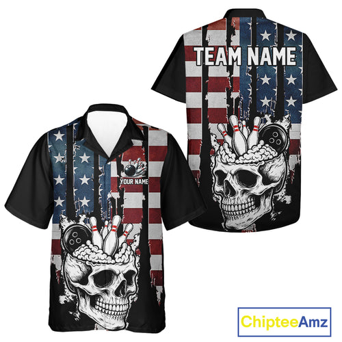 Vintage American Flag retro skull bowling Hawaiian Shirt Custom patriotic Bowling Team Outfit NQS10048