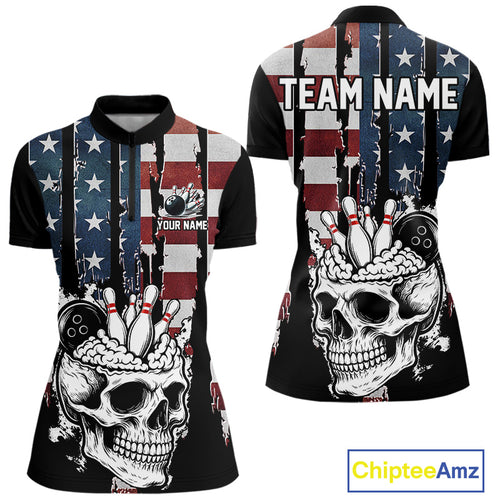Vintage American Flag retro skull bowling shirts for Women Custom patriotic Bowling Team Outfit NQS10048