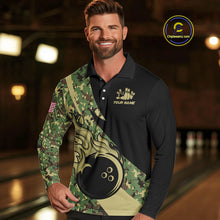Load image into Gallery viewer, Mens bowling polo, quarter zip shirts Custom green camo bowling team jerseys, gift for team Bowlers NQS10053