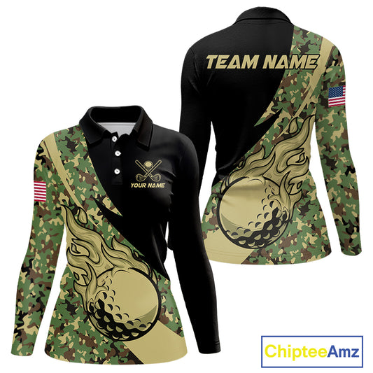 Women Golf polo shirt flame golf ball Custom green camo ladies Golf attire, personalized golf gifts NQS10052