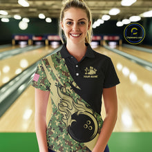 Load image into Gallery viewer, Women bowling polo, quarter zip shirts Custom green camo bowling team jerseys, gift for team Bowlers NQS10053