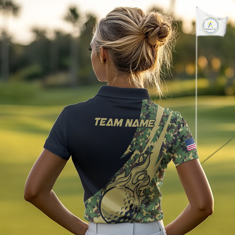 Women Golf polo shirt flame golf ball Custom green camo ladies Golf attire, personalized golf gifts NQS10052