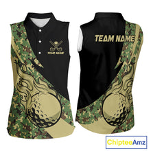 Load image into Gallery viewer, Women Sleeveless polos shirt flame golf Custom green camo ladies Golf attire, personalized golf gifts NQS10052