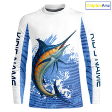 Load image into Gallery viewer, Blue Camo Marlin fishing shirts custom saltwater Marlin sun protection long sleeve fishing apparel NQS10055