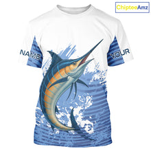 Load image into Gallery viewer, Blue Camo Marlin fishing shirts custom saltwater Marlin sun protection long sleeve fishing apparel NQS10055