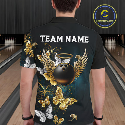 Custom Gold Butterflies Bowling Shirts For Men, Personalized Team Bowling Polo & Quarter-Zip Shirts NQS10577