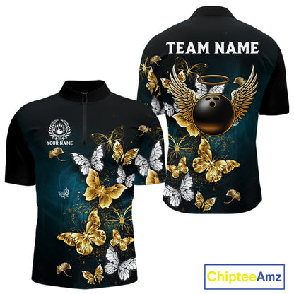 Custom Gold Butterflies Bowling Shirts For Men, Personalized Team Bowling Polo & Quarter-Zip Shirts NQS10577