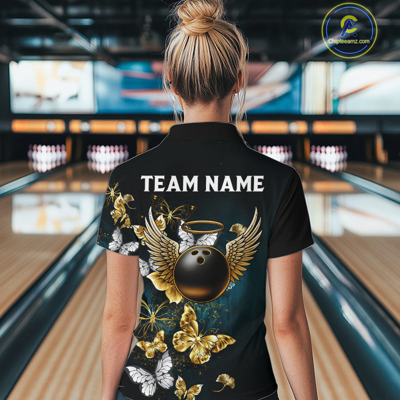 Custom Gold Butterflies Bowling Shirts For Women, Personalized Team Bowling Polo & Quarter-Zip Shirts NQS10577