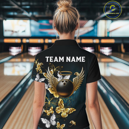 Custom Gold Butterflies Bowling Shirts For Women, Personalized Team Bowling Polo & Quarter-Zip Shirts NQS10577
