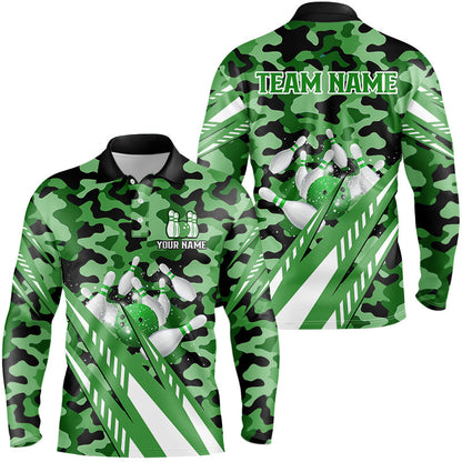Custom Green Camo Bowling Shirts For Men, Personalized Bowling Team Jerseys NQS8609