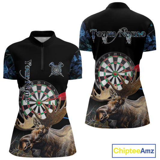 Personalized Black and Blue Camo Moose Darts Shirts For Women Custom Darts Team Jerseys NQS10975