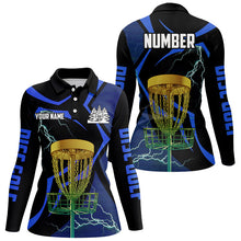 Load image into Gallery viewer, Black and Blue Women disc golf polo shirt custom lightning thunder disc golf basket, frisbee golf gift NQS9088