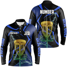 Load image into Gallery viewer, Black and Blue Men disc golf polo shirt custom lightning thunder disc golf basket, frisbee golf gifts NQS9088