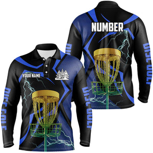 Black and Blue Men disc golf polo shirt custom lightning thunder disc golf basket, frisbee golf gifts NQS9088