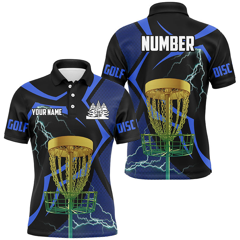 Black and Blue Men disc golf polo shirt custom lightning thunder disc golf basket, frisbee golf gifts NQS9088