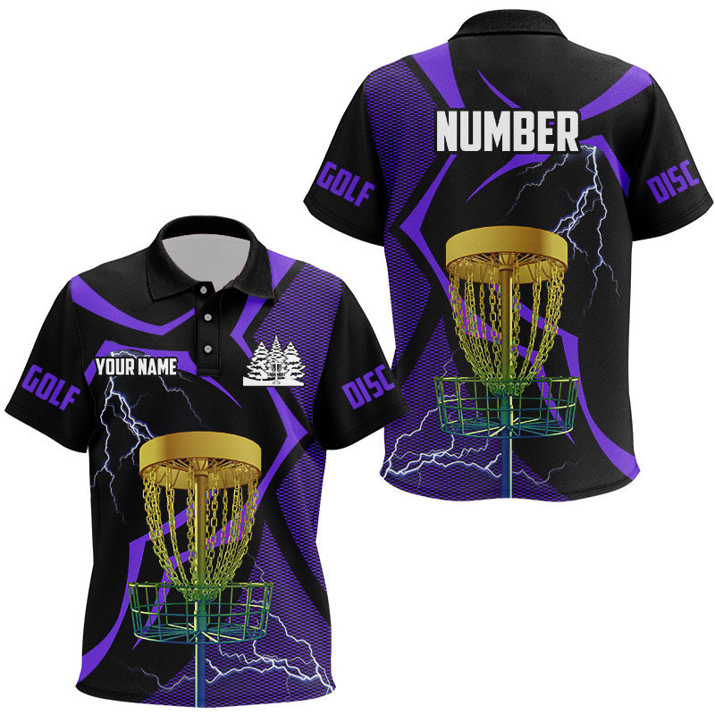 Black & Purple Kid disc golf polos shirt custom lightning thunder disc golf basket, frisbee golf gift NQS9089