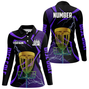 Black & Purple Women disc golf polo shirt custom lightning thunder disc golf basket, frisbee golf gift NQS9089